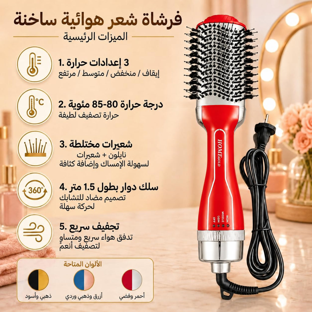 Hair Dryer Brush 1200W Hot Air Styler, Blow Dry Volumizer with Mixed Bristles, Swivel Anti-Knot Cord, One Step Styling, Red, HG-1917 - image 3