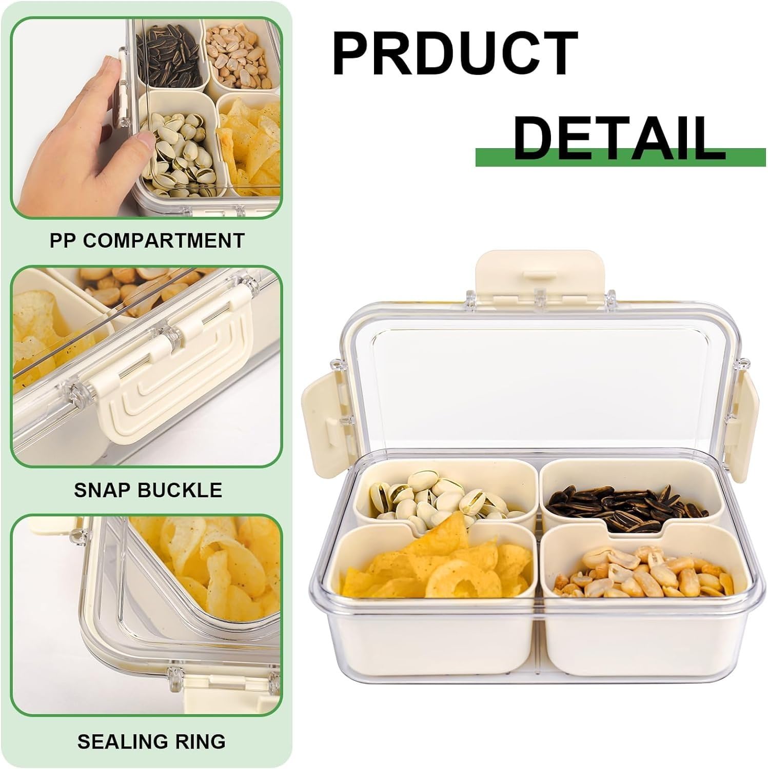 Food Storage Container with Lid, 4-Compartment Divided Snack Box, Airtight Stackable Rectangular Organizer for Fridge, Pantry, Sweets, Fruit, Nuts and Spices, White - image 2