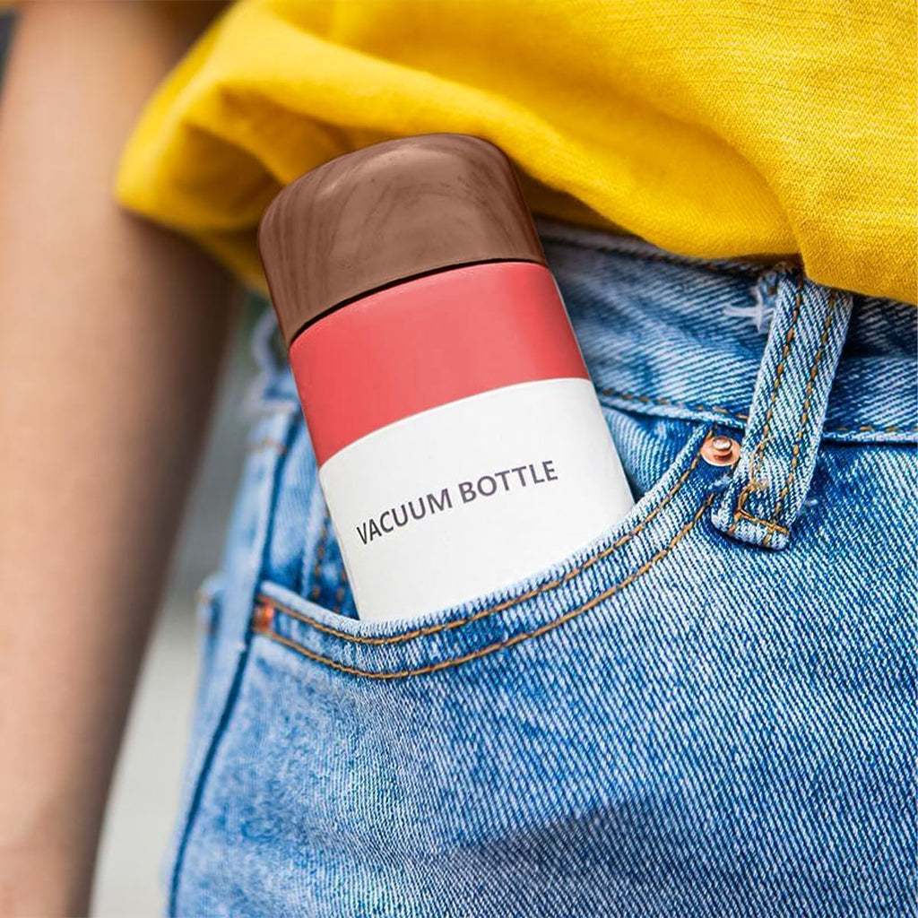 Water Bottle 150ml, Mini Vacuum Insulated Stainless Steel Pocket Flask with Wood Grain Design for Coffee, Tea, Hot and Cold Drinks, Travel and Daily Use (Red) - image 6