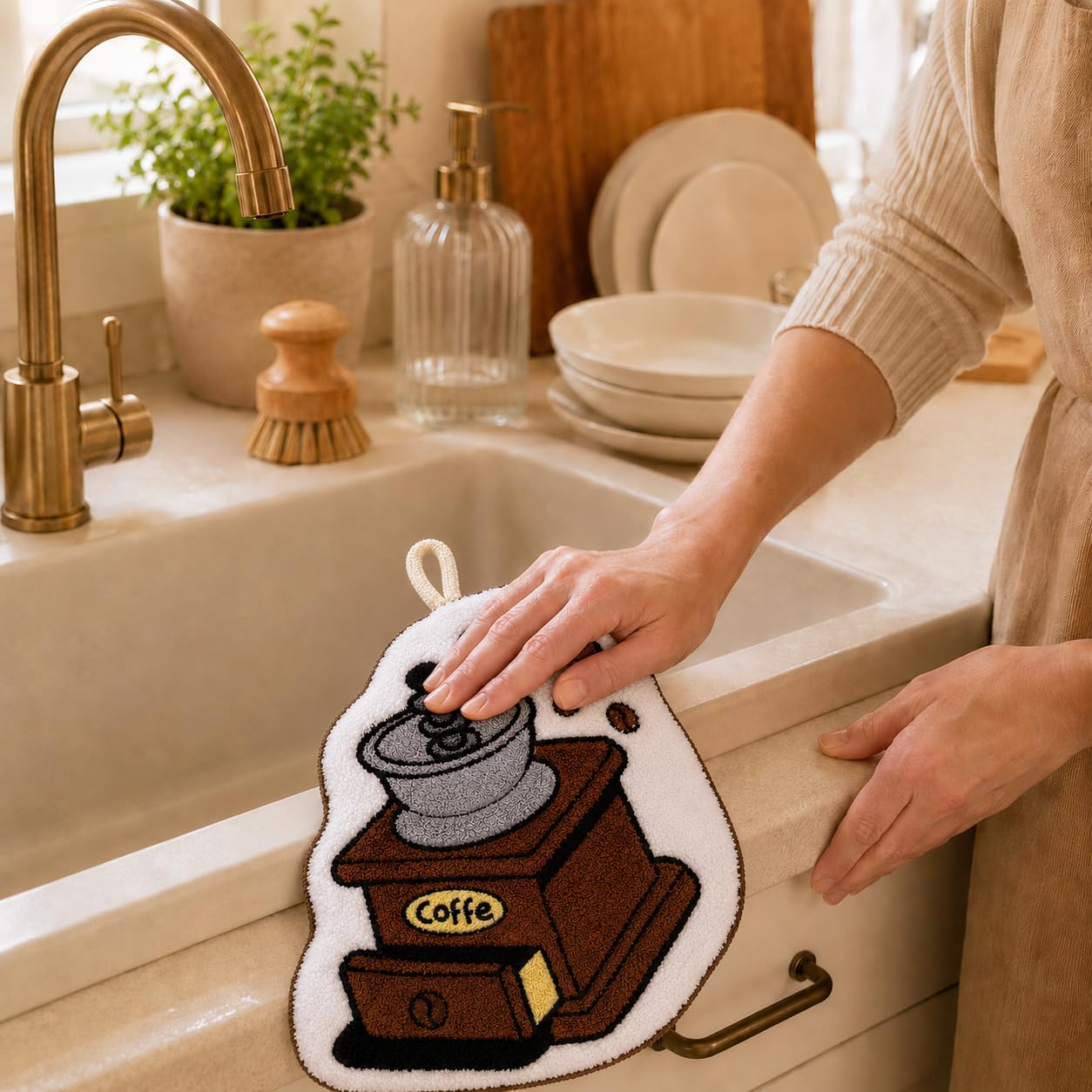 Kitchen Towel with Hanging Loop, Soft Absorbent Microfiber Hand and Dish Cloth for Drying Hands, Dishes, Countertops and Kitchen Surfaces, Reusable, J-457B, Coffee Machine - image 8