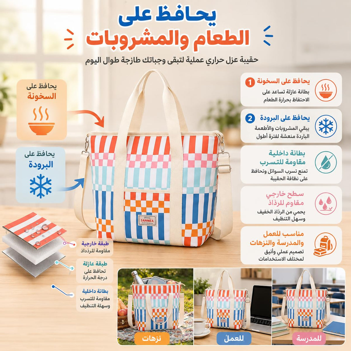 Insulated Lunch Bag 29L, Large Thermal Cooler Bag, Leak-Resistant Lining, Water-Resistant Polyester Food Carrier for Work, Office, School, Picnic and Travel, BB-551 - image 3