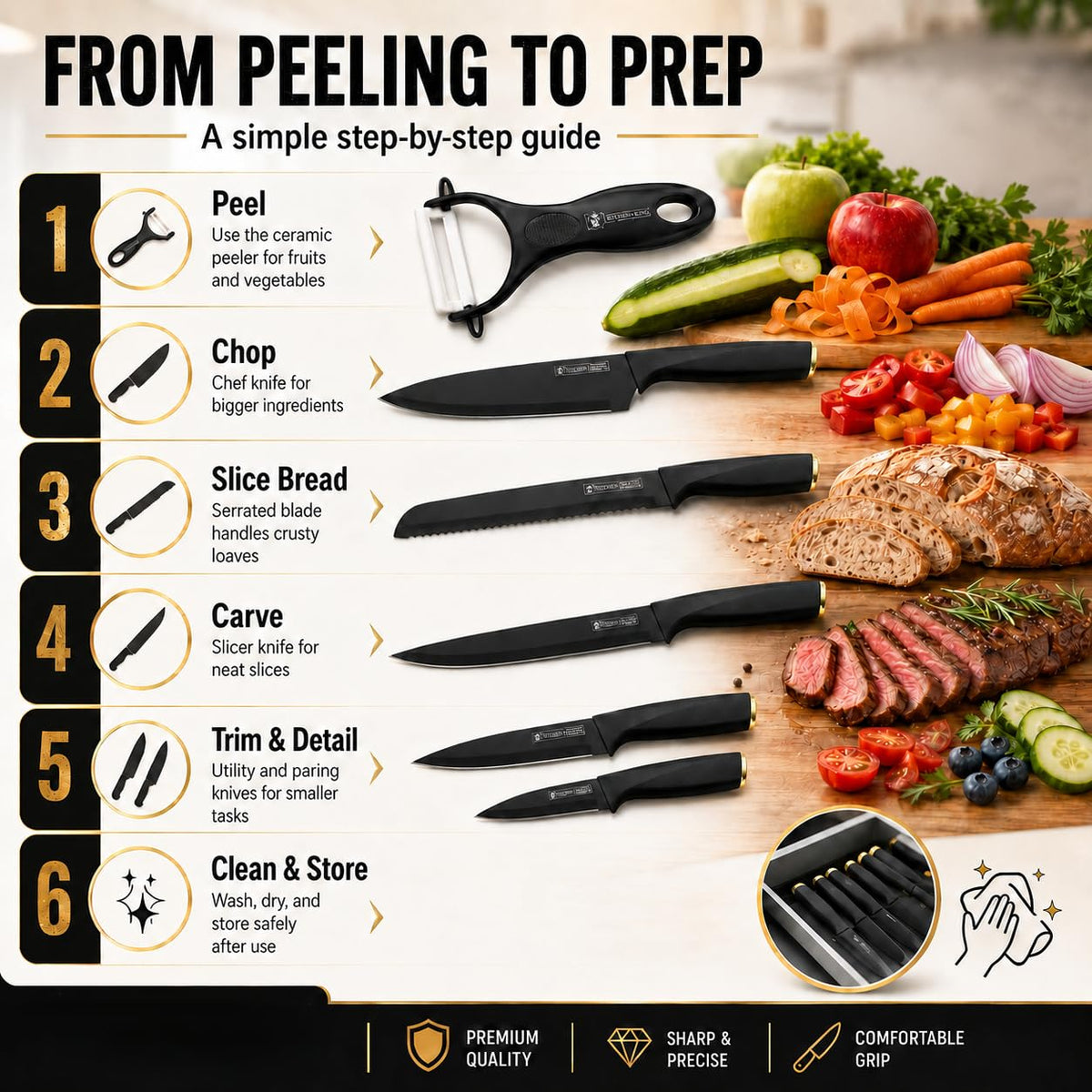 Kitchen Knife Set 6 Pieces, Non-Stick Marble-Coated Stainless Steel Knives with Chef, Bread, Slicing, Utility and Paring Blades for Food Preparation, H-736, Black - image 5