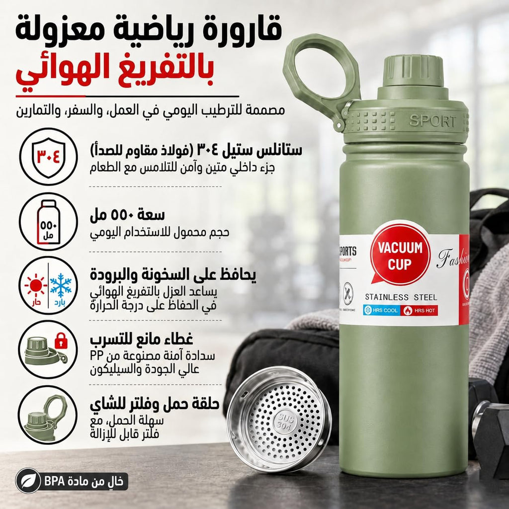 Water Bottle 550 ml, 304 Stainless Steel Vacuum Insulated Flask with Leakproof Lid and Carry Loop, BPA-Free Sports Bottle for Gym, School, Office and Travel, F-742, Green - image 2