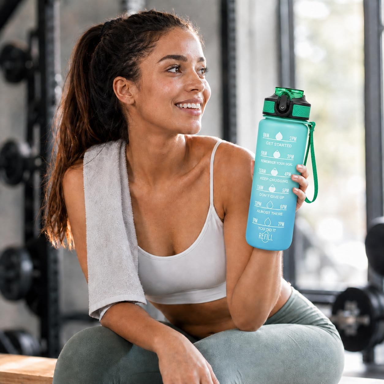 Water Bottle 1L with Time Markings and Carry Handle, Leak-Resistant Reusable Sports Drinking Bottle for Gym, Fitness, Work, School, Travel and Outdoor Use, FL-1 (Green & Blue) - image 7