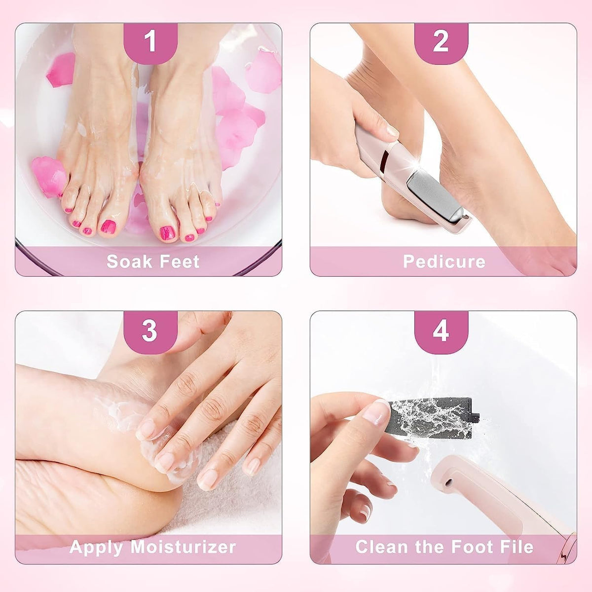 Electric Foot File, USB Rechargeable Callus Remover with 2 Roller Heads, 2 Speeds, LED Light, Waterproof Wet and Dry Pedicure Tool for Rough Heels, Pink - image 7
