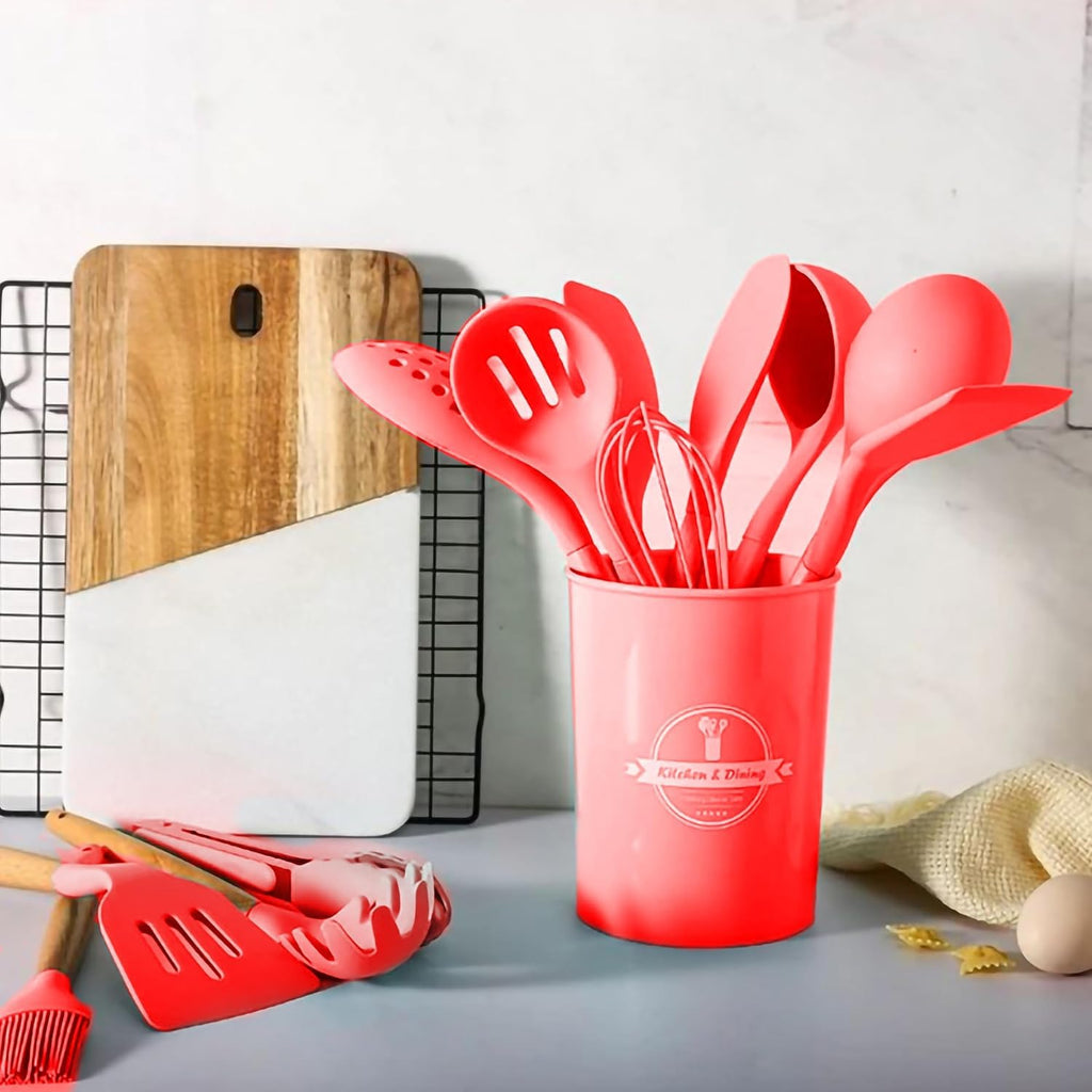 hanso Kitchen Utensils, Silicone Cooking Utensils with Holder, Non-stick Cookware Friendly & Heat Resistant, Includes Spatula Tong Whisk Ladle Brush Slotted Turner Spoon (Red) - image 2