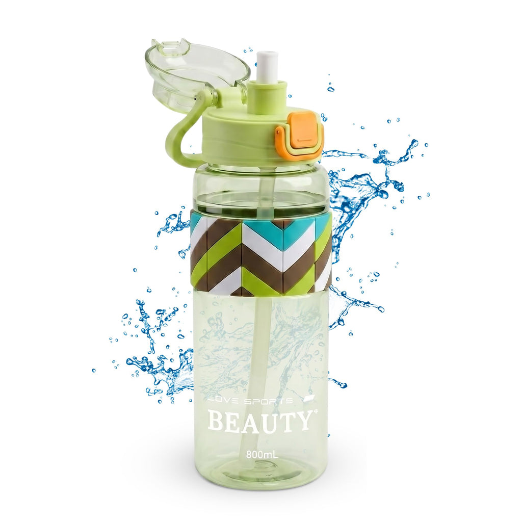 Water Bottle 800ml with Carry Handle, BPA-Free Leak-Resistant Plastic Sports Bottle for Gym, School, Work, Fitness, Travel and Daily Use, FL-1312, Green - image 1