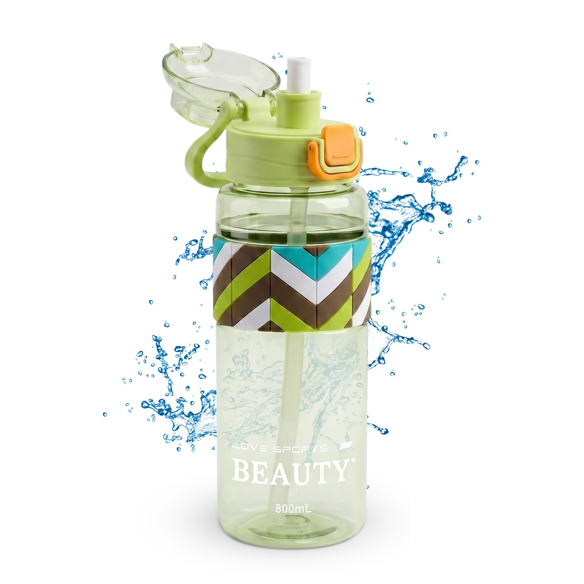 Water Bottle 800ml with Carry Handle, BPA-Free Leak-Resistant Plastic Sports Bottle for Gym, School, Work, Fitness, Travel and Daily Use, FL-1312, Green - image 1