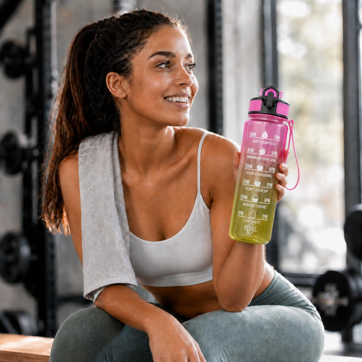 Water Bottle 1L with Time Markings and Carry Handle, Leak-Resistant Reusable Sports Bottle for Gym, Fitness, Work, School, Travel and Outdoor Use, FL-1263, Pink & Yellow - image 6