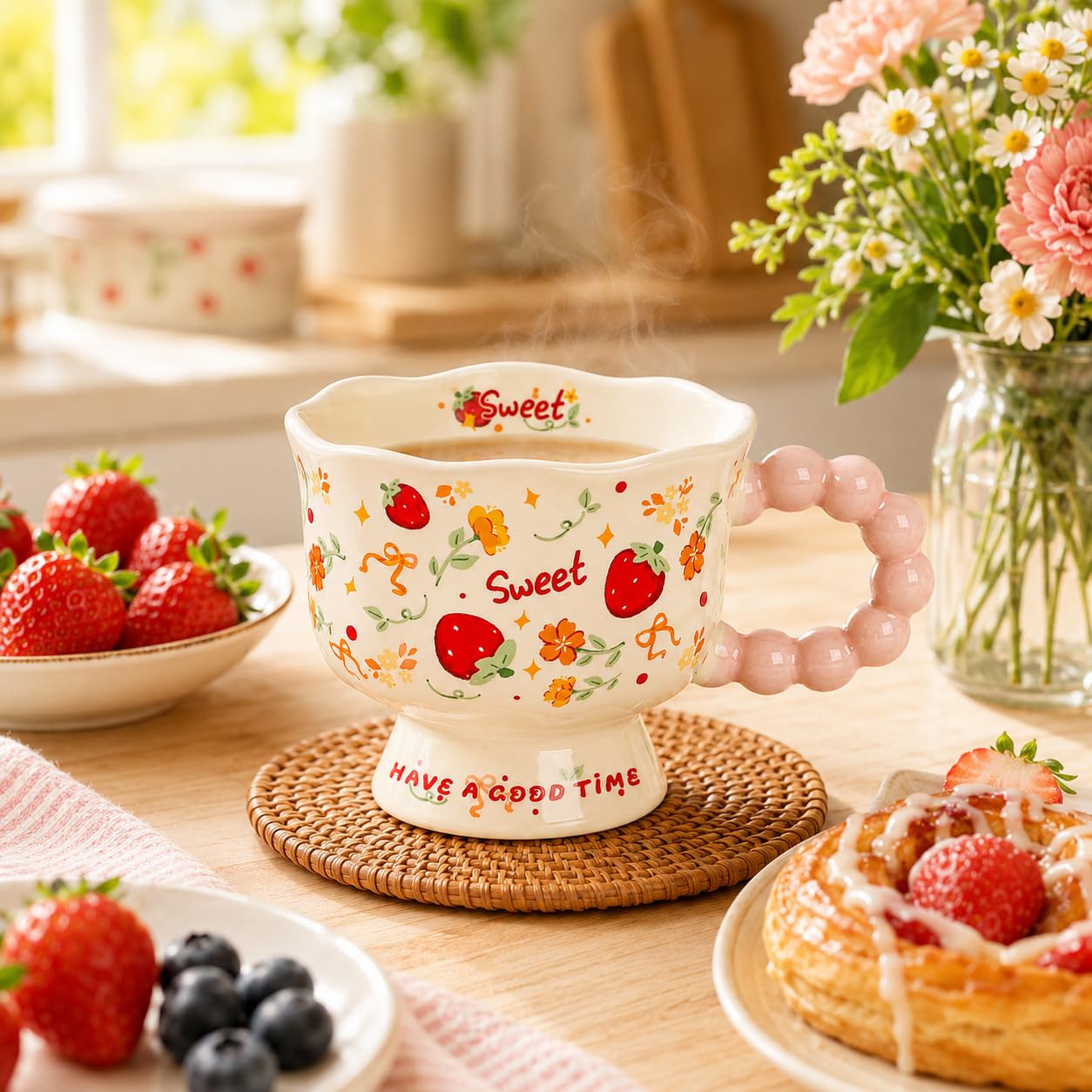 Ceramic Mug 340 ml for Coffee and Tea, Decorative Glazed Cup with Scalloped Rim, Beaded Handle and Stable Pedestal Base for Hot Drinks, TT-2533, Strawberry - image 6