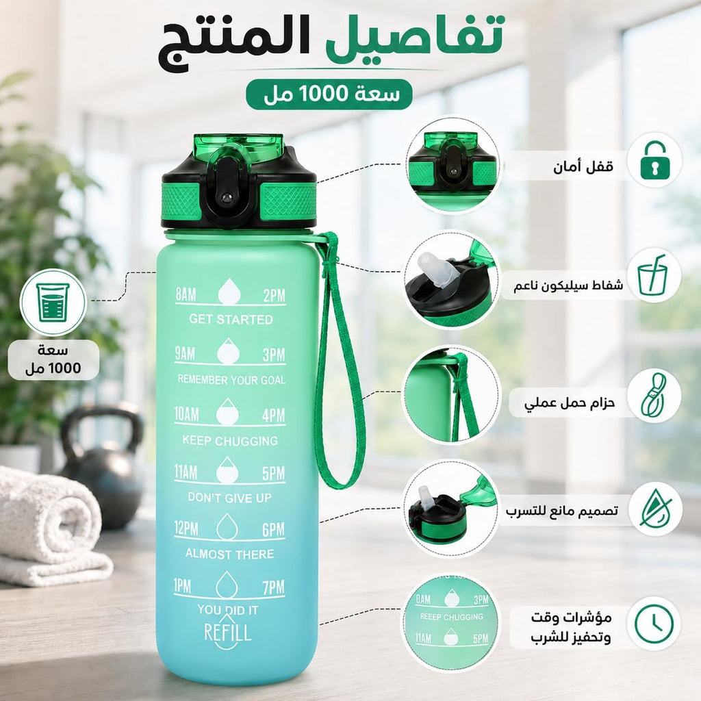 Water Bottle 1L with Time Markings and Carry Handle, Leak-Resistant Reusable Sports Drinking Bottle for Gym, Fitness, Work, School, Travel and Outdoor Use, FL-1 (Green & Blue) - image 2