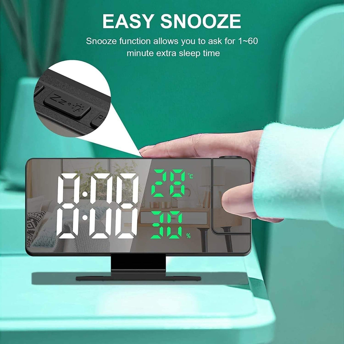 Digital Alarm Clock with LED Mirror Projection, Large Time, Temperature and Date Display, 3-Level Brightness, Snooze, USB Powered Bedside Desk Clock for Bedroom and Office, Red - image 5