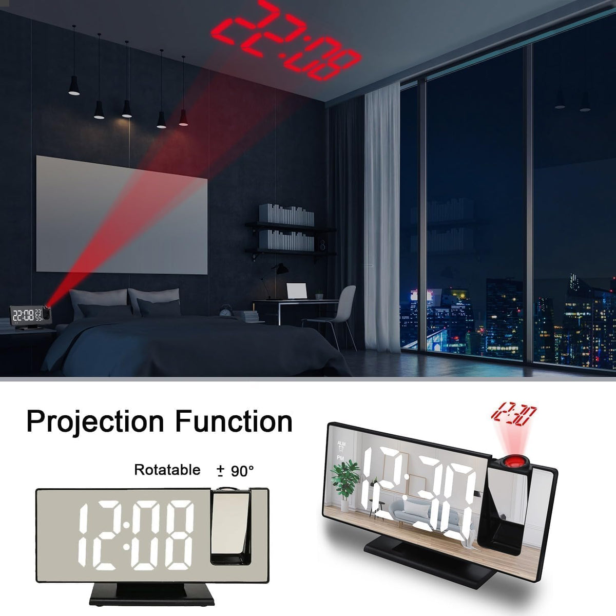 Projection Alarm Clock, Digital Clock with 180° Projector, Large LED Mirror Display, Time, Date, Temperature, 3 Brightness Levels and Snooze for Bedroom, Office and Home, White - image 7