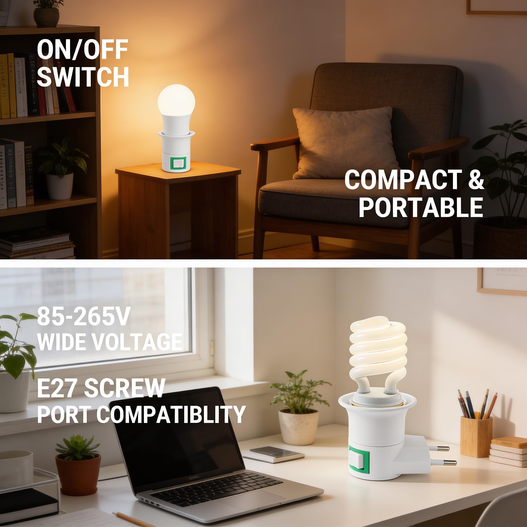 Light Socket E27 Adapter with On/Off Switch, 2-Pin Plug-In Lamp Holder Converter, Child-Safety Bulb Socket for Home, Office and Travel, 2 Pieces (White) - image 5