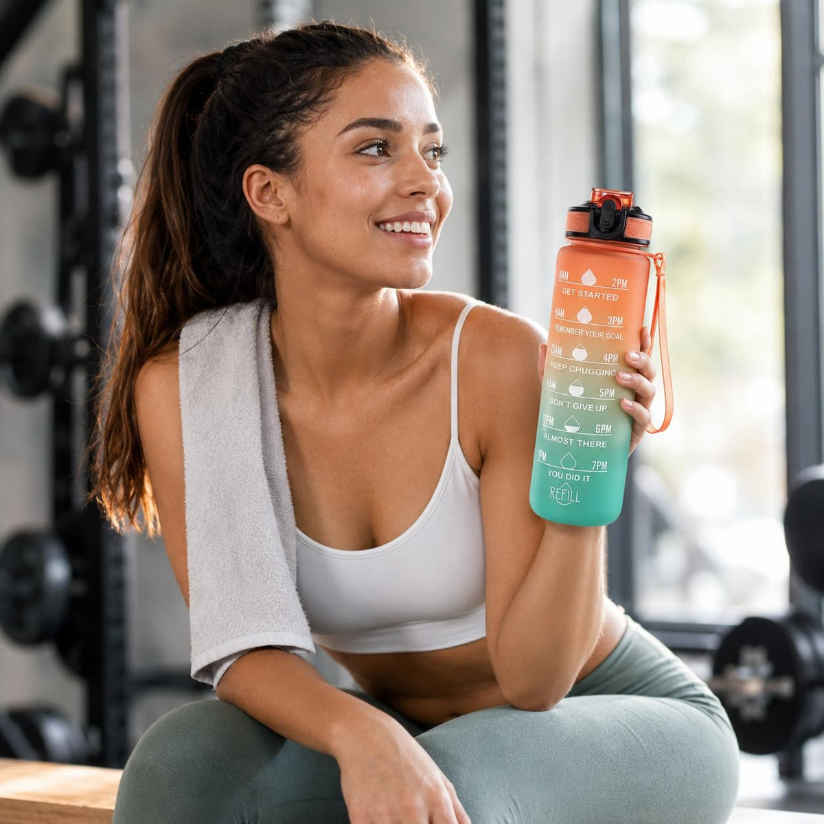 Water Bottle 1L with Time Markings and Carry Handle, Leak-Resistant Reusable Sports Drinking Bottle for Gym, Fitness, Work, School, Travel and Outdoor Use, FL-1, Orange & Blue - image 6