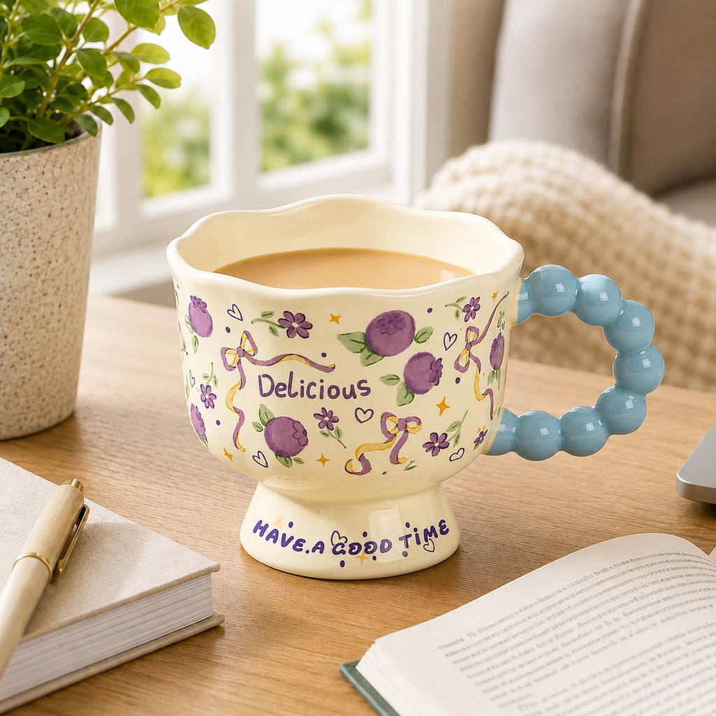 Ceramic Mug 340 ml for Coffee and Tea, Decorative Glazed Cup with Scalloped Rim, Beaded Handle and Stable Pedestal Base for Hot Drinks, TT-2533, Berry - image 7