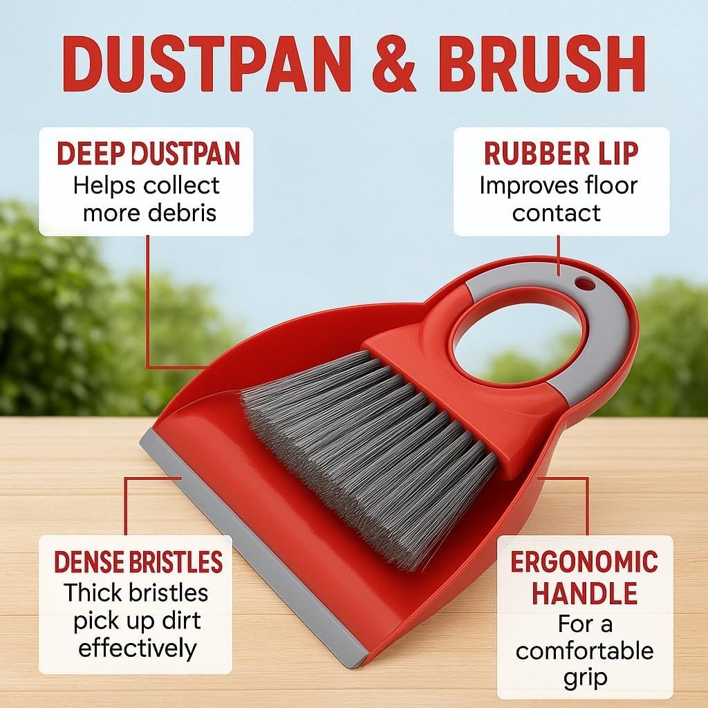 Dustpan and Brush Set, Mini Handheld Broom with Compact ABS Pan for Desk, Keyboard, Car, Sofa, Table and Small-Space Cleaning, Red, C130008 - image 3