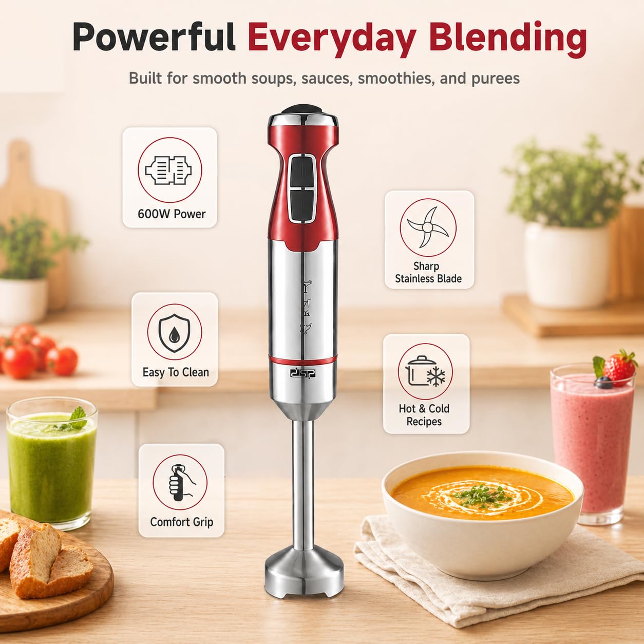 Hand Blender 600W with Variable Speed Control and Turbo, Full Copper Motor, 4 Stainless Steel Blades and Detachable Shaft for Soups, Smoothies and Sauces, KM1117 - image 2