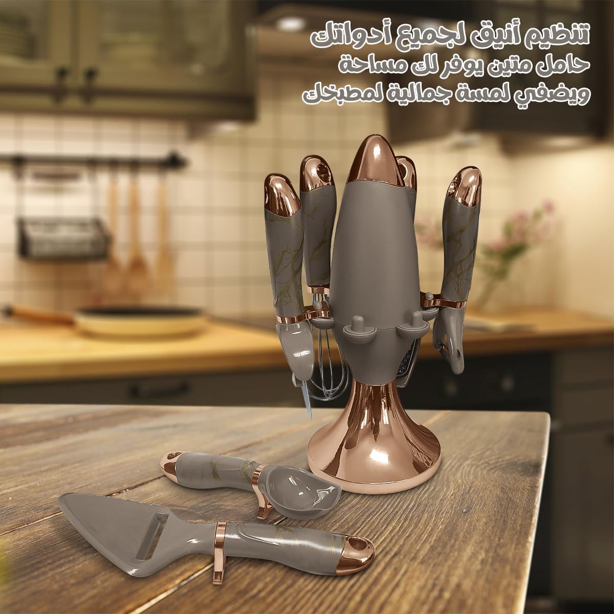 Kitchen Utensils Set, 7 Pcs Stainless Steel Cooking Tools with Holder, Whisk and Grater, BPA-Free, Easy to Clean Multifunctional Kitchenware (Brown) - image 4