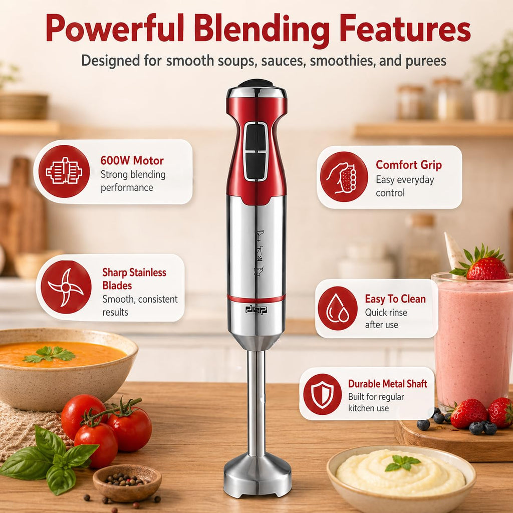 Hand Blender 600W with Variable Speed Control and Turbo, Full Copper Motor, 4 Stainless Steel Blades and Detachable Shaft for Soups, Smoothies and Sauces, KM1117 - image 3