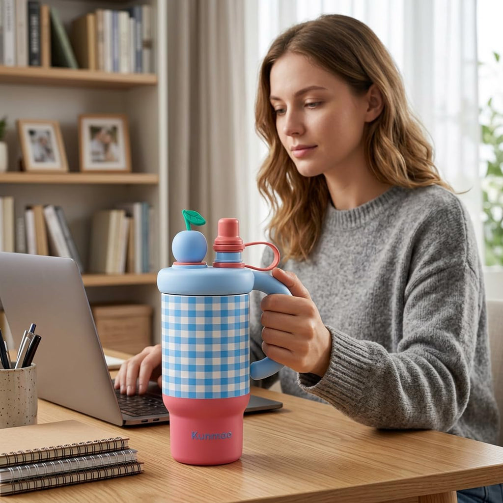 Water Bottle 800ml, Double-Wall Stainless Steel Travel Mug with Straw, Carry Handle, Strainer and Leakproof BPA-Free Lid for Hot and Cold Drinks, F-1531, Blue - image 7
