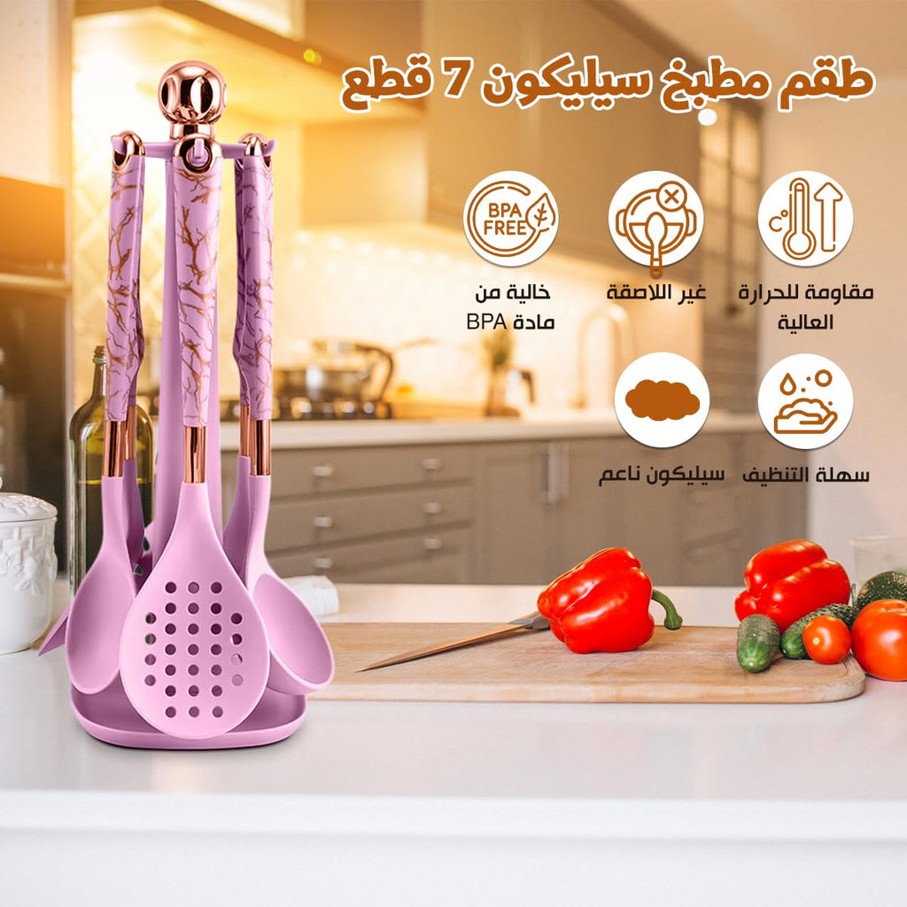 Silicone Cooking Utensils Set 7 Piece Non Stick Heat Resistant Kitchen Tools with Holder for Non Stick Cookware Modern Design (Pink) - image 2