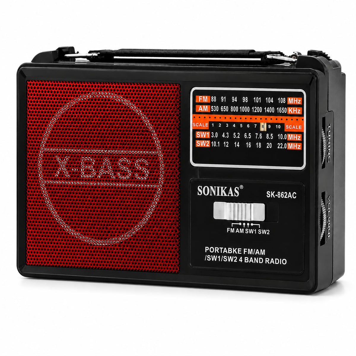 Portable Radio, 4-Band FM AM SW1 SW2 Analog Receiver with Telescopic Antenna, Compact Small Radio for Home, Kitchen, Travel and Outdoor Listening, SK-862AC (Red) - image 1