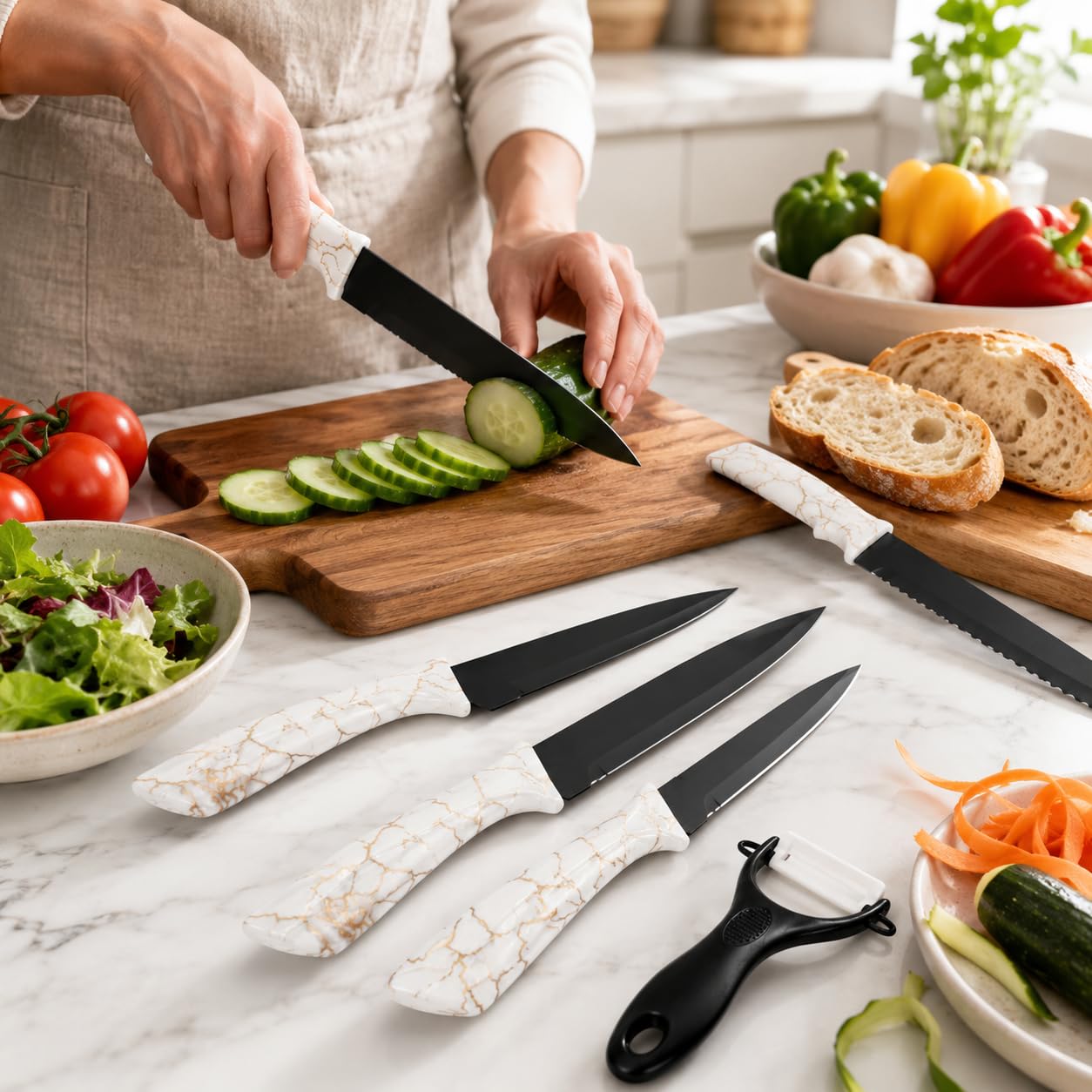 Kitchen Knife Set 6 Pieces, Marble Coated Non-Stick Steel Knives with ABS Handles, Chef, Bread, Slicing, Multipurpose and Paring Knives for Home Cooking, H-735 - image 6