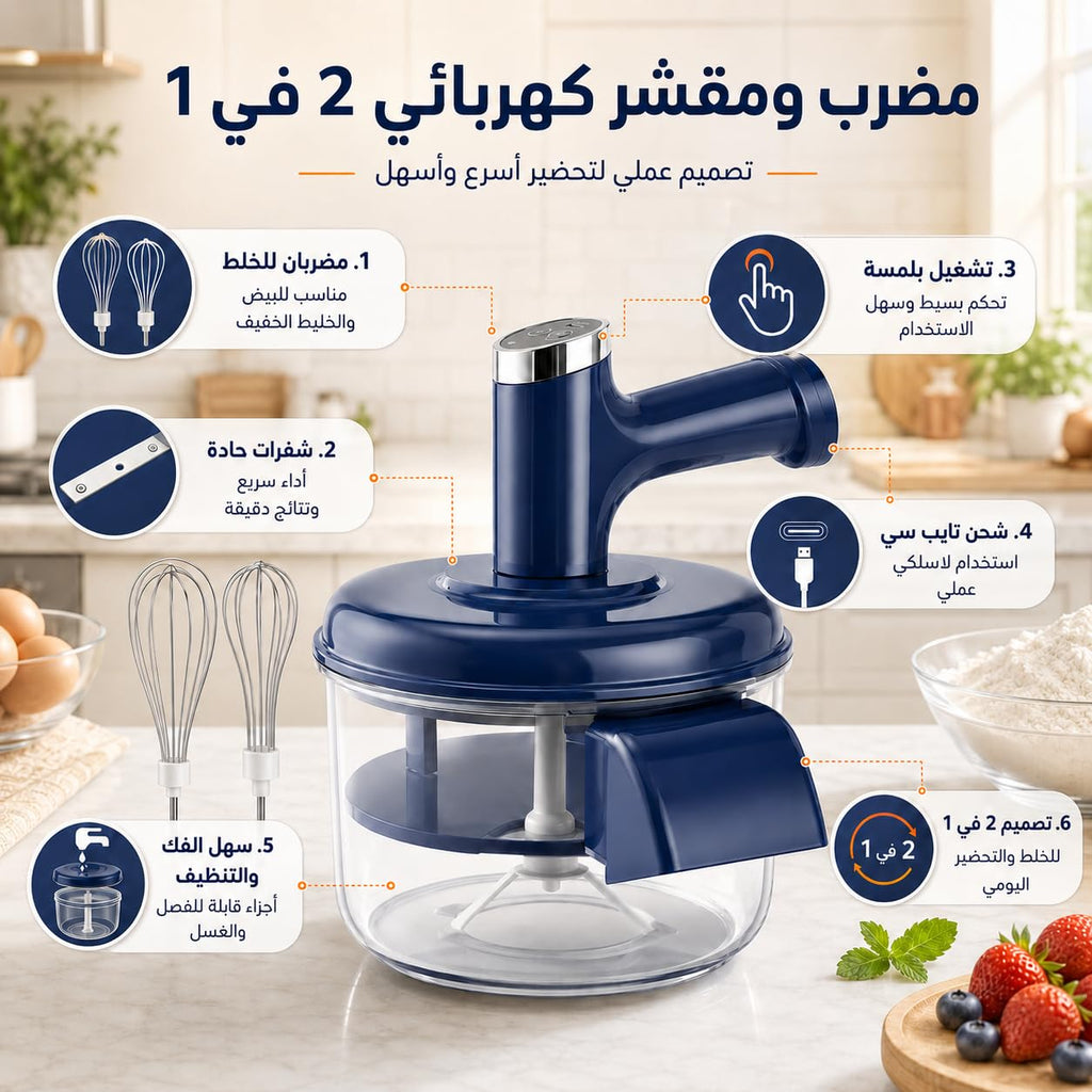 Vegetable Peeler and Egg Beater 2 in 1, 5-Blade Fruit and Potato Peeling Tool with Removable Whisk Attachment for Eggs, Batter Mixing and Food Preparation, T-1280 (Blue) - image 2