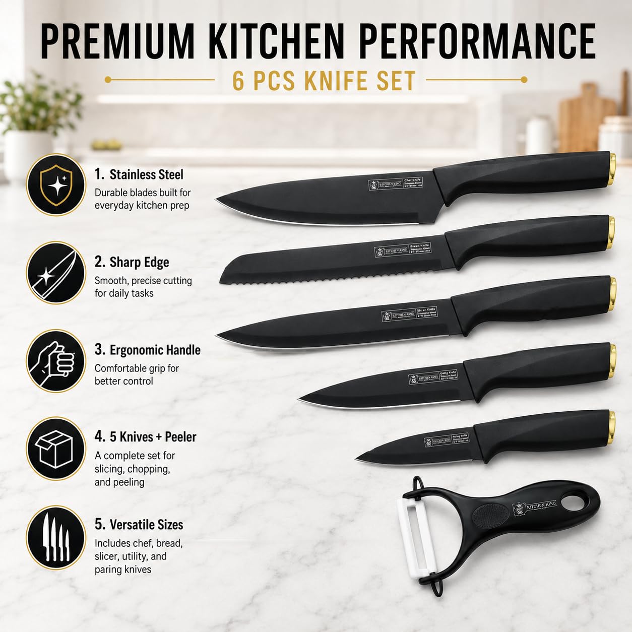 Kitchen Knife Set 6 Pieces, Non-Stick Marble-Coated Stainless Steel Knives with Chef, Bread, Slicing, Utility and Paring Blades for Food Preparation, H-736, Black - image 3