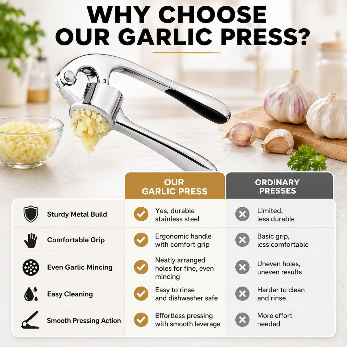 Garlic Press, Stainless Steel Manual Garlic Crusher with Ergonomic Handle, Rust-Resistant Mincer and Masher for Garlic, Nuts and Seeds, Easy-Clean Kitchen Tool, XD-80, Silver - image 4