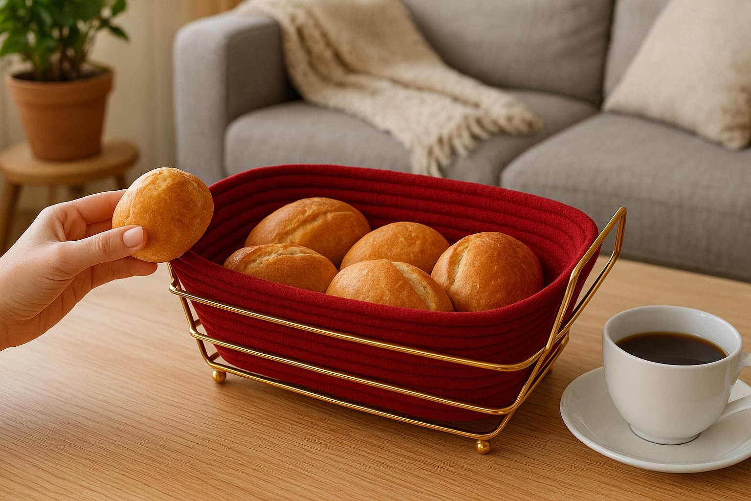 Bread Basket Metal Gold Wire Serving Basket with Removable Fabric Liner, Kitchen Countertop Organizer for Bread Fruit Vegetables Snacks (Red) - image 5