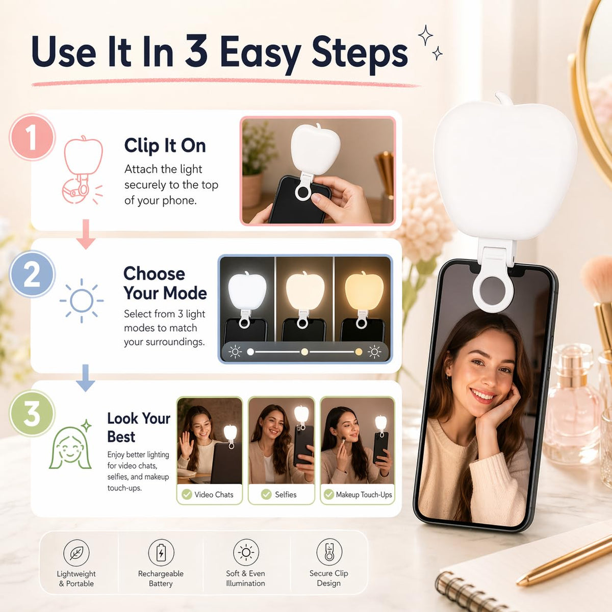 Selfie Light for Phone, Rechargeable Clip-On LED Video Light with 3 Brightness Modes and Adjustable 3000K-6500K Color Temperature for Photos, Makeup, Video Calls and Live Streaming, K03 - image 5