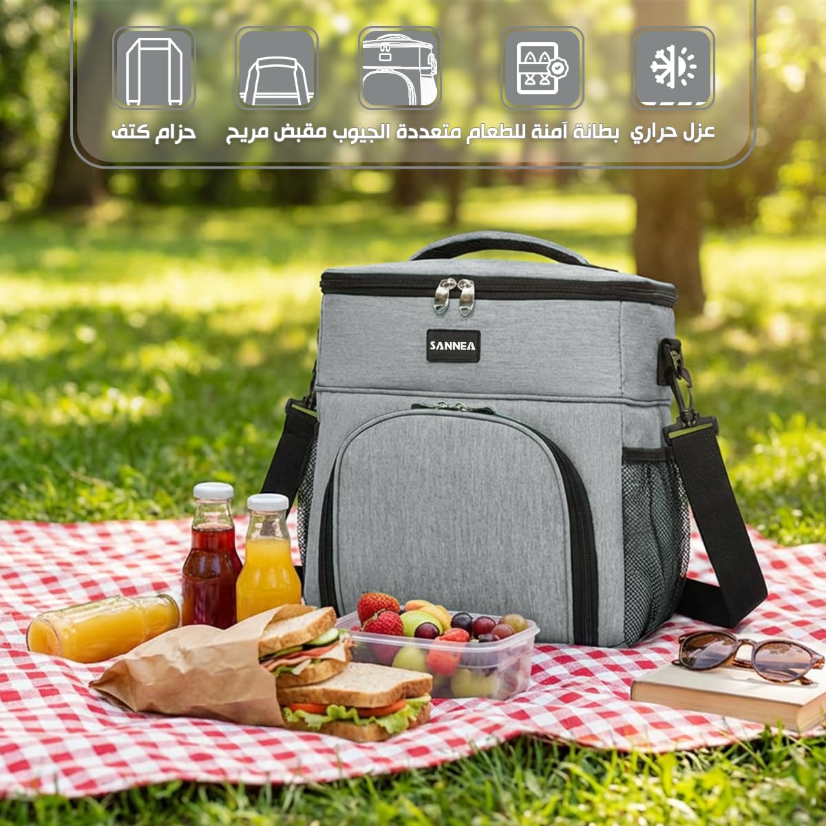 Insulated Lunch Bag 15L, Large Thermal Cooler Tote with Leak-Resistant Lining, Water-Resistant Exterior and Adjustable Shoulder Strap for Work, School, Picnic and Travel, BB-527 (Grey) - image 2