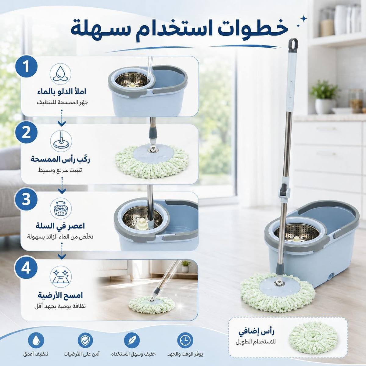 Spin Mop and Bucket Set, 360° Rotating Microfiber Floor Mop with Stainless Steel Handle, Non-Slip Grip for Ceramic, Marble, Tile and Home Cleaning - image 3