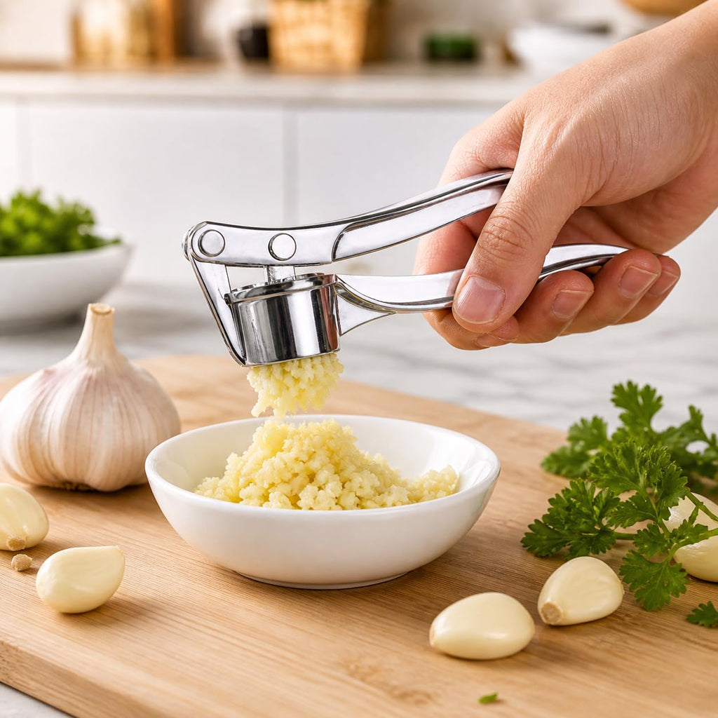 Garlic Press, Stainless Steel Manual Crusher and Mincer with Ergonomic Handle for Garlic Cloves, Compact Easy-Clean Kitchen Tool, Silver, XD-71 - image 6