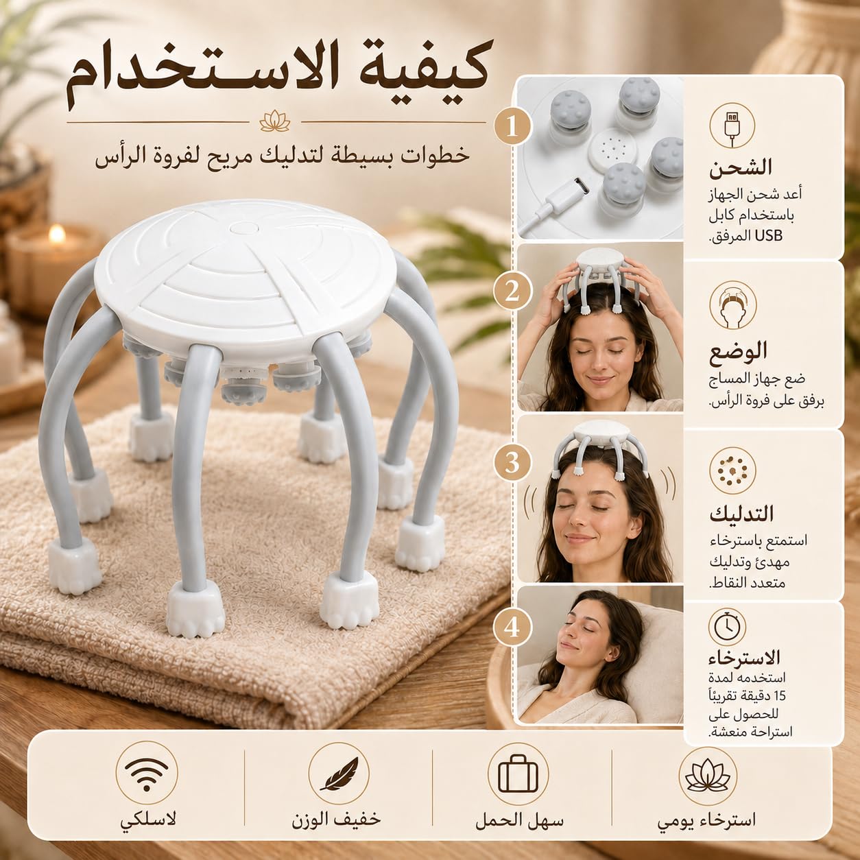 Scalp Massager, Multi-Mode Head Massage Device with Dot-Matrix Contact Points, Lightweight Portable Personal Care Tool for Home, Office and Travel, White - image 5