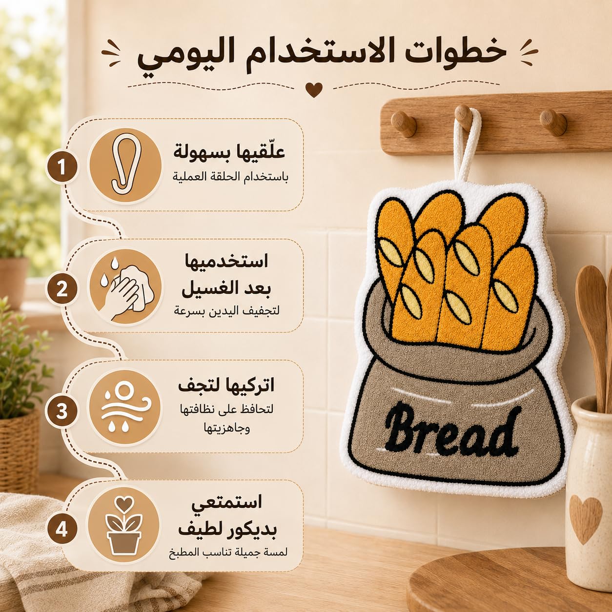 Kitchen Towel with Hanging Loop, Soft Absorbent Reusable Hand and Dish Cloth for Drying Hands, Dishes and Kitchen Surfaces, J-457B (Bread) - image 5