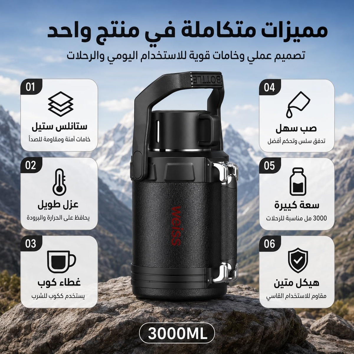 Water Bottle 3L, 316 Stainless Steel Vacuum Insulated Large Flask with Leakproof Lid, 24-Hour Cold Retention for Hot and Cold Drinks, Camping, Office and Home, F-1523, Black - image 2