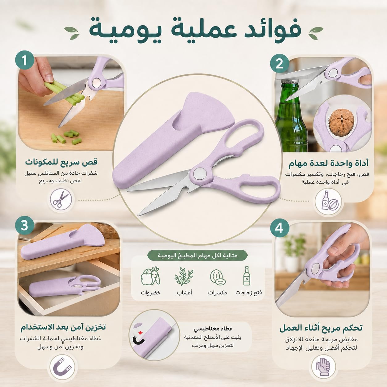 Kitchen Scissors Stainless Steel With Magnetic Cover Multi-Function Shears With Nut Cracker Bottle Opener Cutter For Chicken Meat Herbs Vegetables Household Cooking Tools, S-233 (Pink) - image 3
