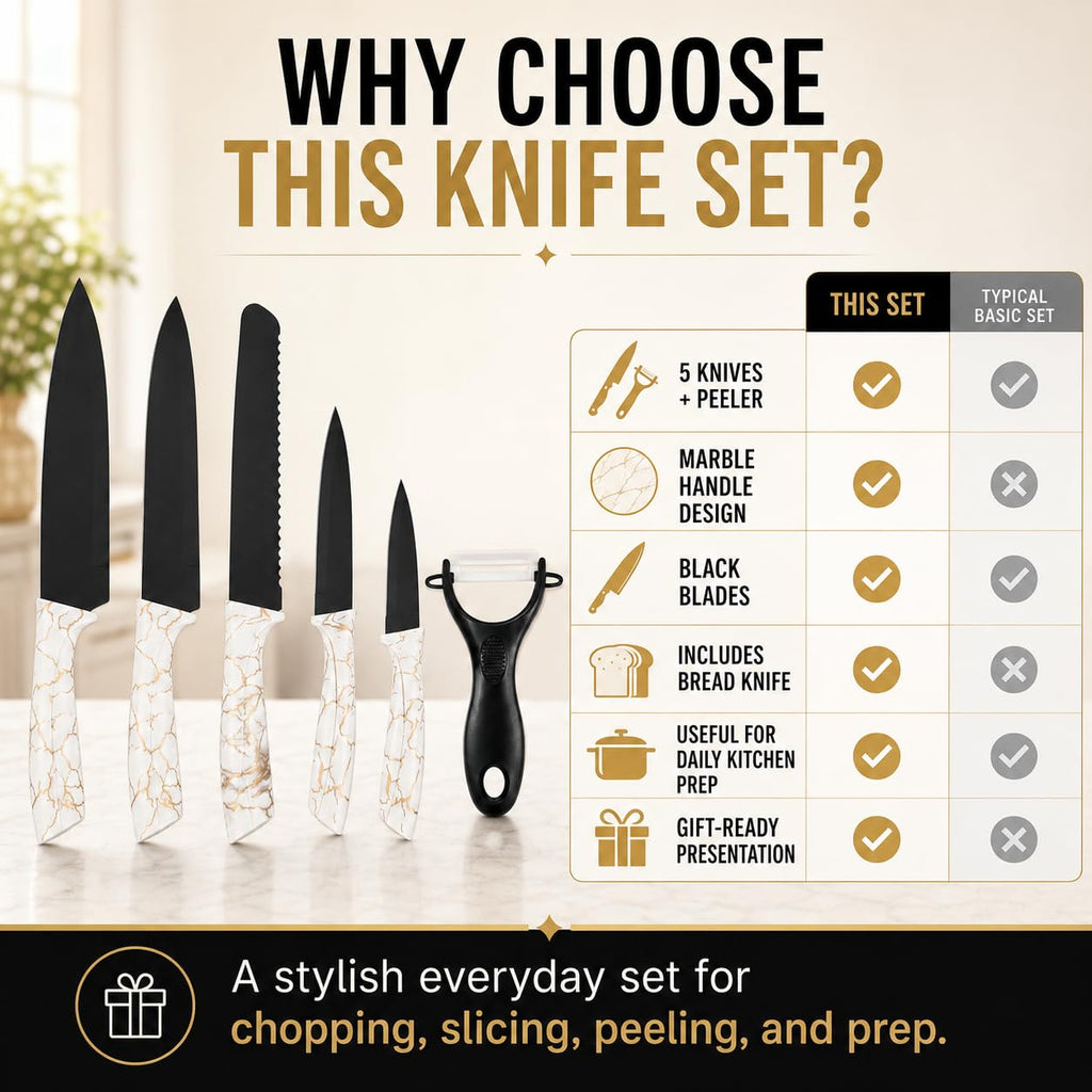 Kitchen Knife Set 6 Pieces, Marble Coated Non-Stick Steel Knives with ABS Handles, Chef, Bread, Slicing, Multipurpose and Paring Knives for Home Cooking, H-735 - image 4