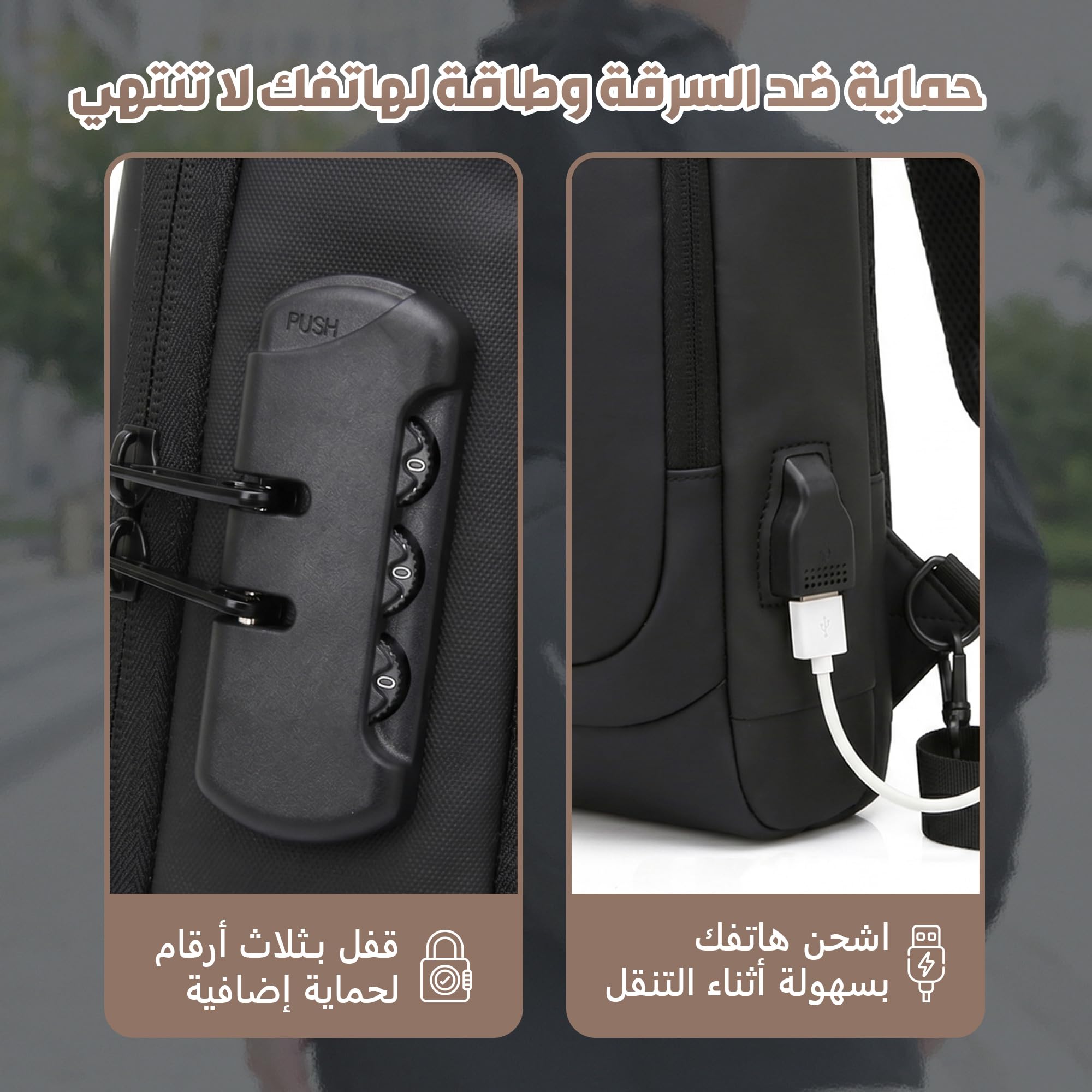 Crossbody Bag for Men and Women, Sling Chest and Shoulder Bag with Combination Lock, USB Access Port, Multiple Pockets and Water-Resistant Exterior for Travel and Daily Use (Black) - image 4