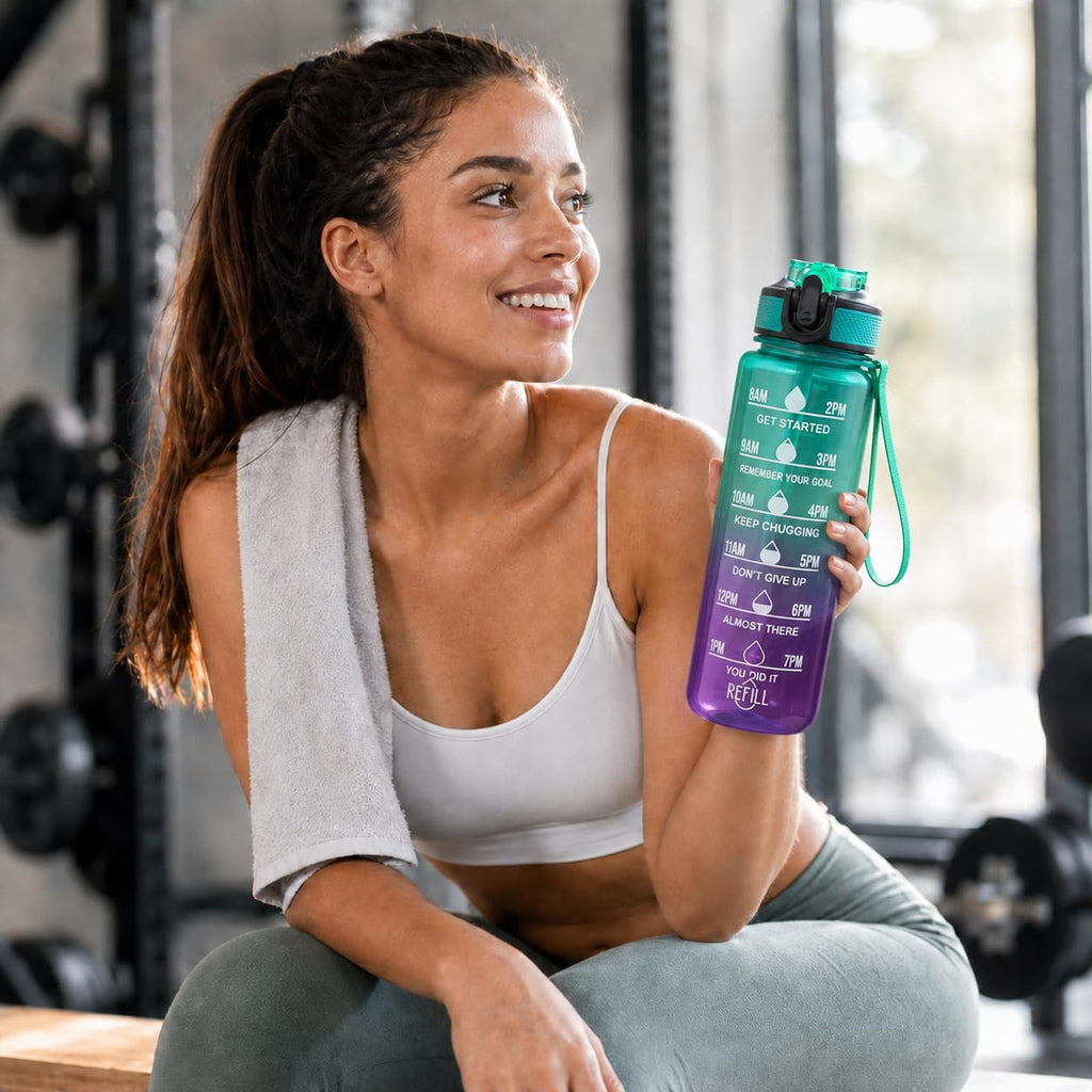 Water Bottle 1 L with Time Markings and Carry Handle, Leak-Resistant Reusable Sports Bottle for Gym, Fitness, Work, School, Travel and Outdoor Use, FL-1263, Green & Purple - image 6