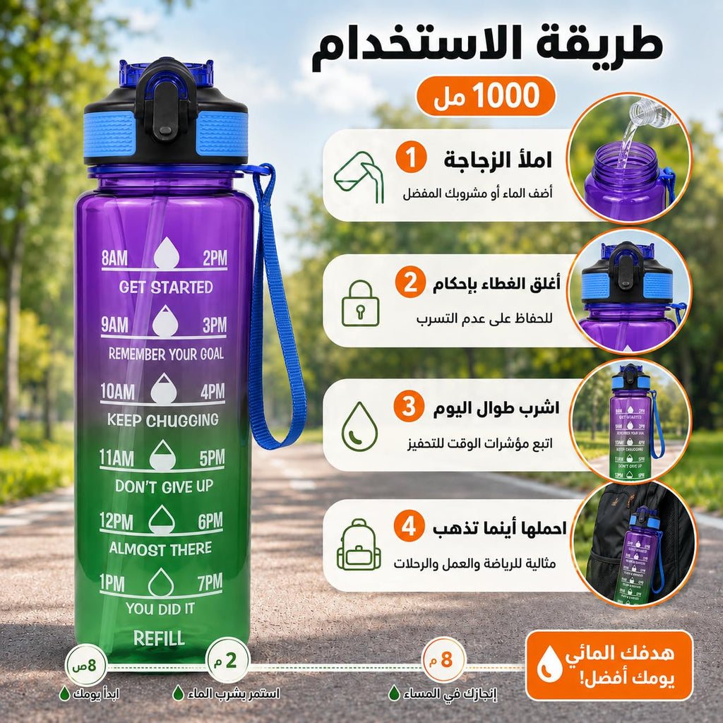 Water Bottle 1L with Time Markings and Carry Handle, Leak-Resistant Reusable Sports Bottle for Gym, Fitness, Work, School, Travel and Outdoor Use, FL-1263 (Purple & Green) - image 5