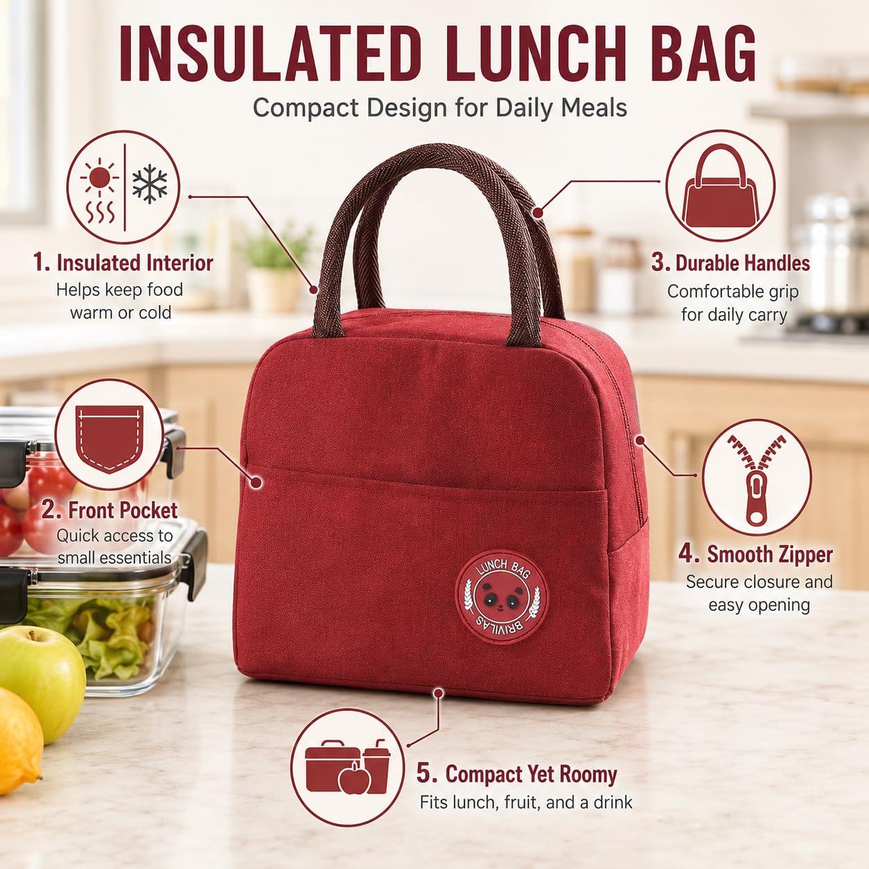 Lunch Bag 1.5L, Insulated Thermal Cooler Tote, Leak-Resistant Foldable Food Storage Bag for Work, School, Office, Beach, Travel and Picnic, Red - image 2