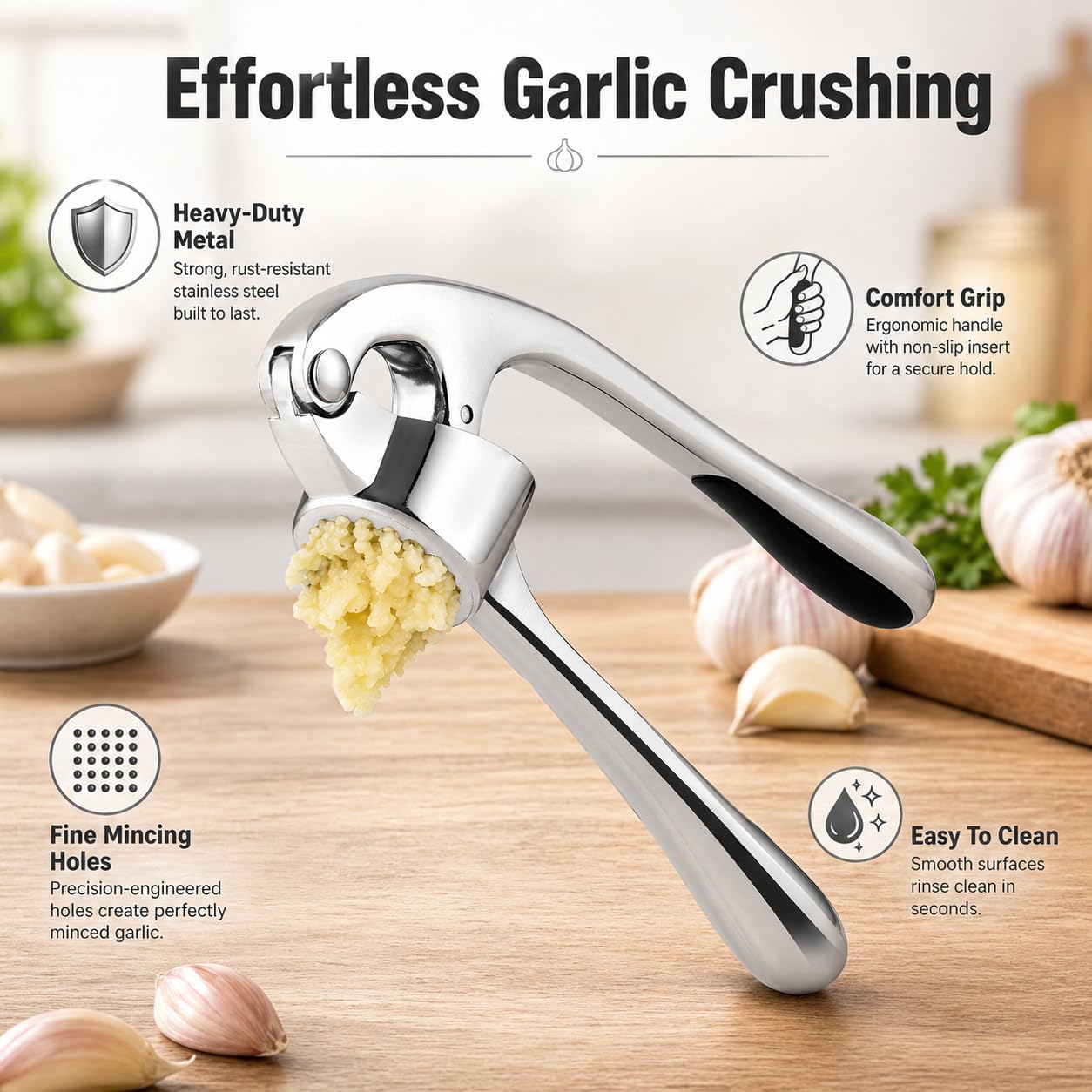 Garlic Press, Stainless Steel Manual Garlic Crusher with Ergonomic Handle, Rust-Resistant Mincer and Masher for Garlic, Nuts and Seeds, Easy-Clean Kitchen Tool, XD-80, Silver - image 2