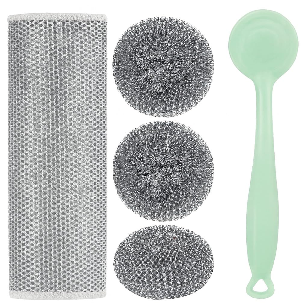 Dish Scrubber with Handle, Stainless Steel Scrub Sponge, Long Removable Grip Cleaning Brush for Pots, Pans, Dishes, Sinks and Stove Grates, 1 Piece (Green) - image 1
