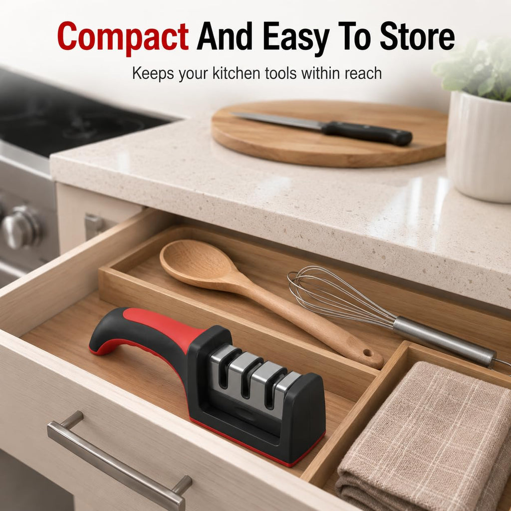 Knife Sharpener 3-in-1, Manual Stainless Steel Sharpening Tool for Kitchen Knives and Scissors with Non-Slip Base and Ergonomic Handle for Home Use, H-145 - image 5