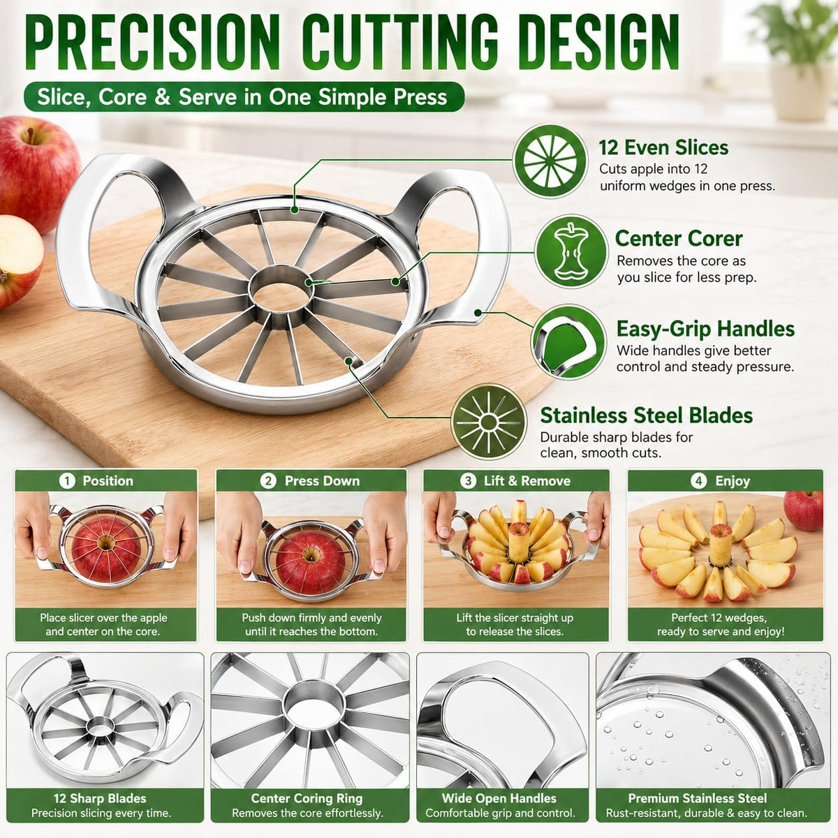 Apple Slicer and Corer, 12-Slice Stainless Steel Fruit Divider with Metal Blades and Easy-Grip Handles for Apples and Pears, Manual Kitchen Cutting Tool, XE-47 - image 3