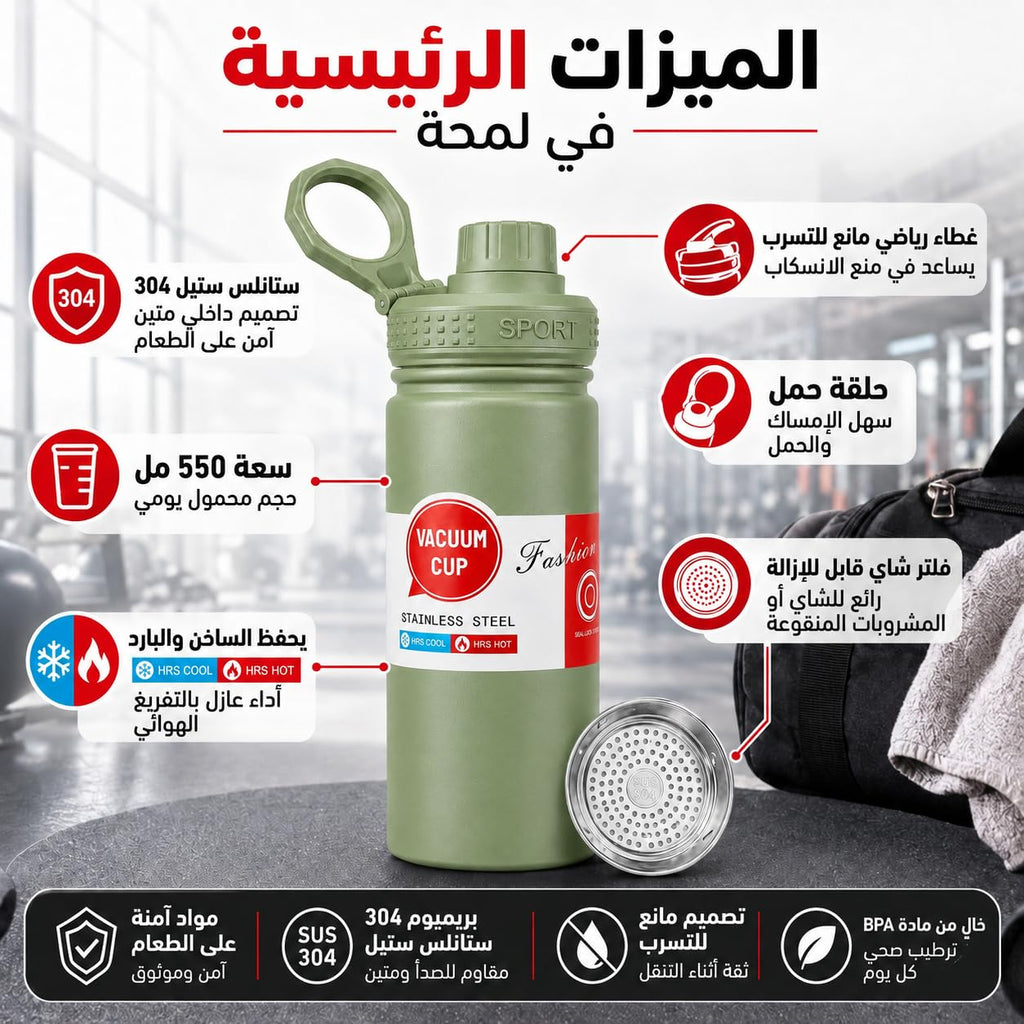 Water Bottle 550 ml, 304 Stainless Steel Vacuum Insulated Flask with Leakproof Lid and Carry Loop, BPA-Free Sports Bottle for Gym, School, Office and Travel, F-742, Green - image 3